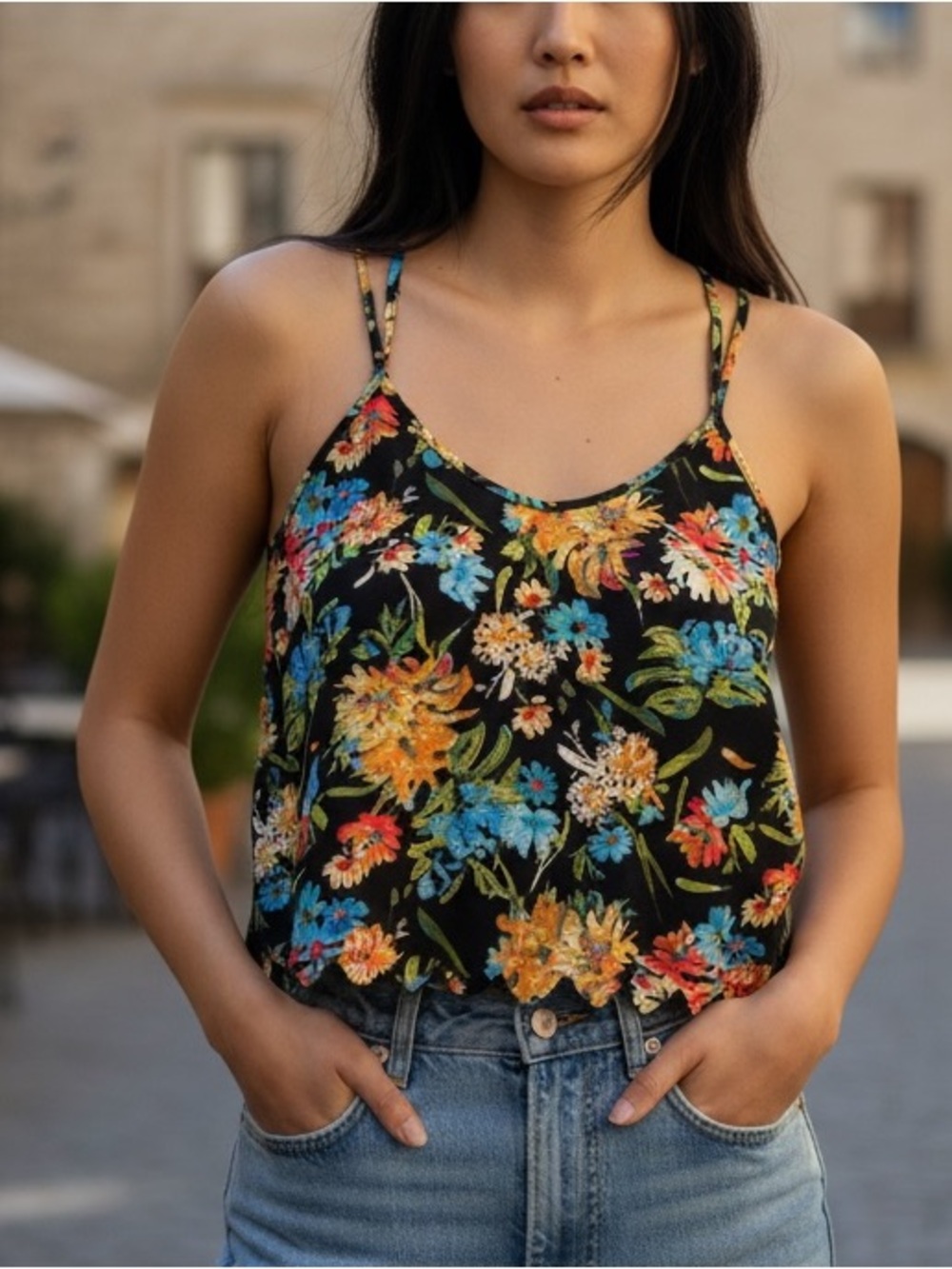 Floral Scallop-Hem Racerback Tank Top - Black Floral